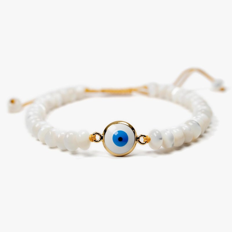 Mana Gallery Handmade Evil Eye Bracelet – White Mother of Pearl Beads with Gold-Plated Blue Eye Charm – Adjustable Macramé Cord – Protective Jewelry Gift for Women - Image 1
